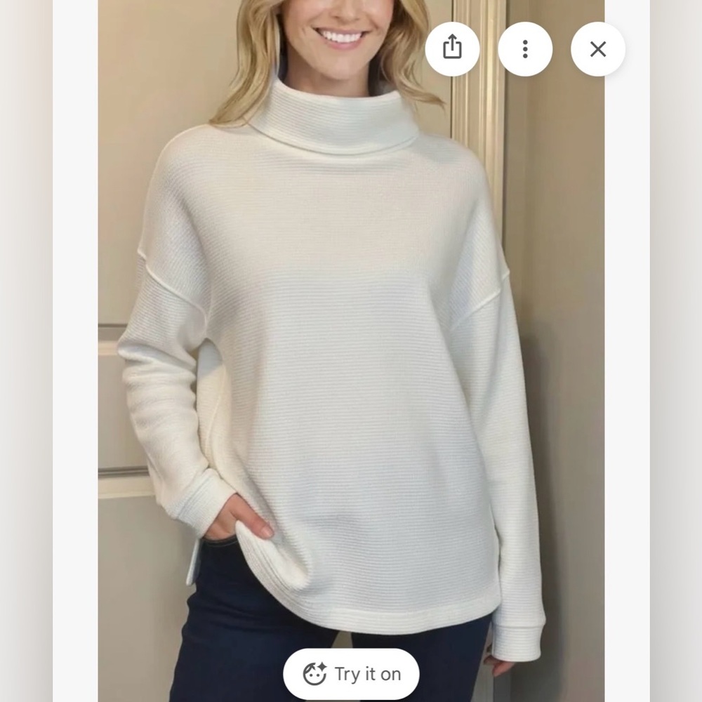 Land's End Waffle Knit Long‎ Sleeve Turtleneck Top Ivory Cream. Size medium.